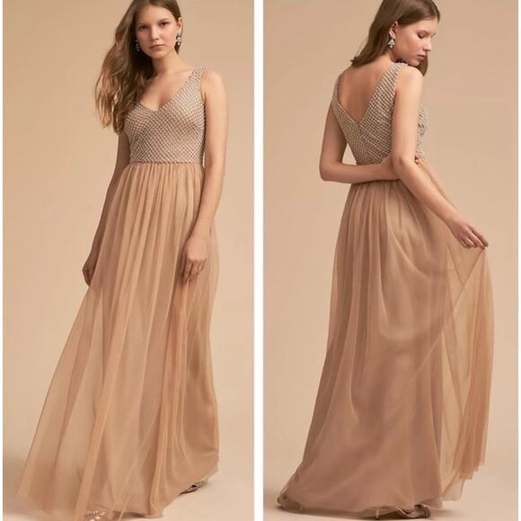 NWT BHLDN ADRIANNA PAPELL DRESS 14P PINK BRYCE MAXI LONG BEADED TULLE GOWN - Picture 1 of 16